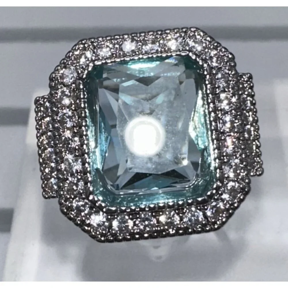 Aquamarine Cubic Zirconia & White Crystal Statement Ring - Picture 2 of 16